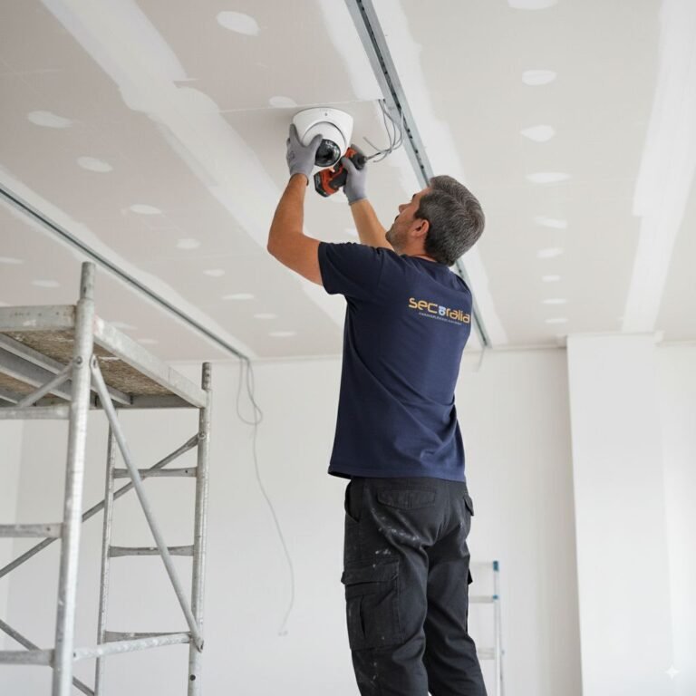 Técnico de la empresa Securalia instalando una cámara de videovigilancia