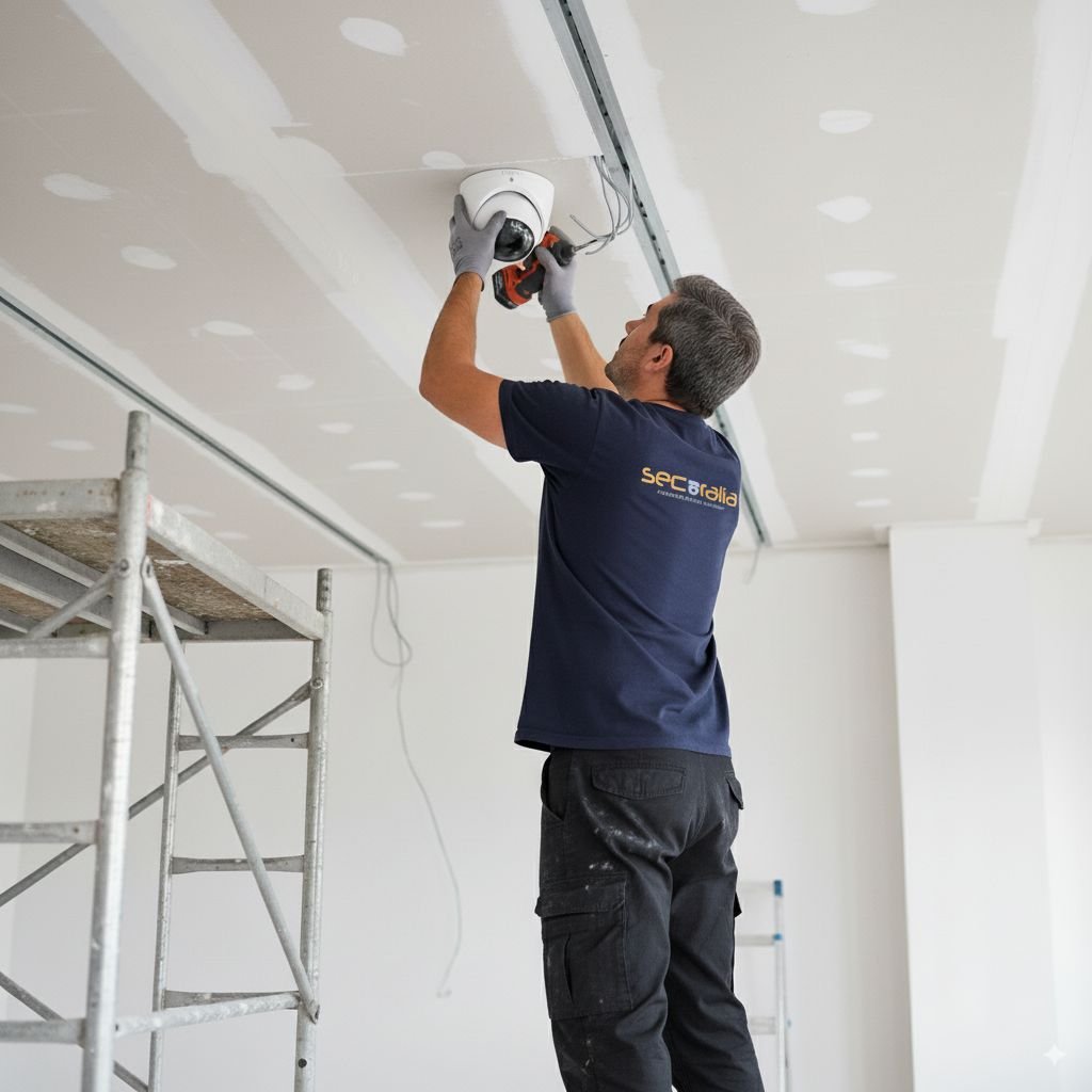 Técnico de la empresa Securalia instalando una cámara de videovigilancia